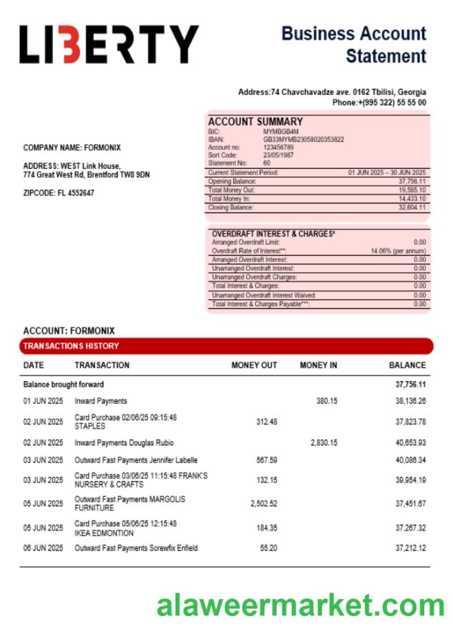 Liberty bank organization checking account statement Word and PDF format